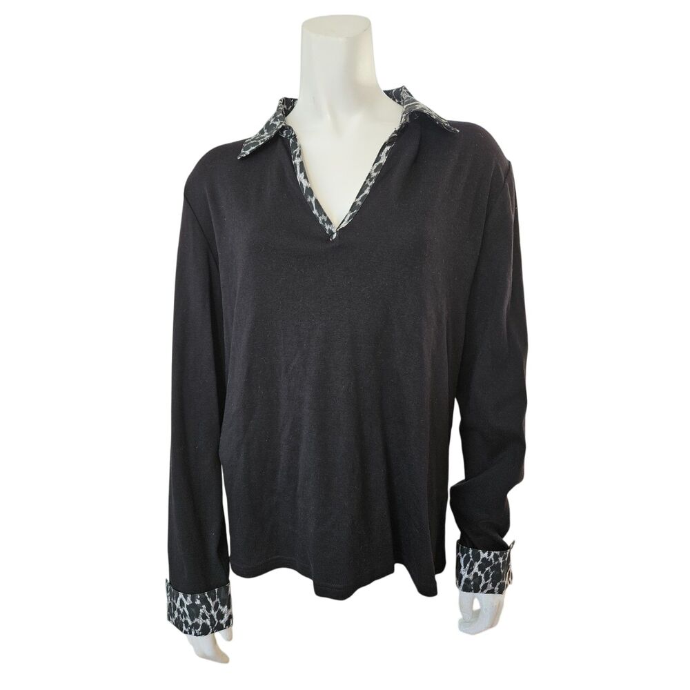 Karen Scott Black Top Long Sleeve V Neck Top Leopard Collar Womens Size Large